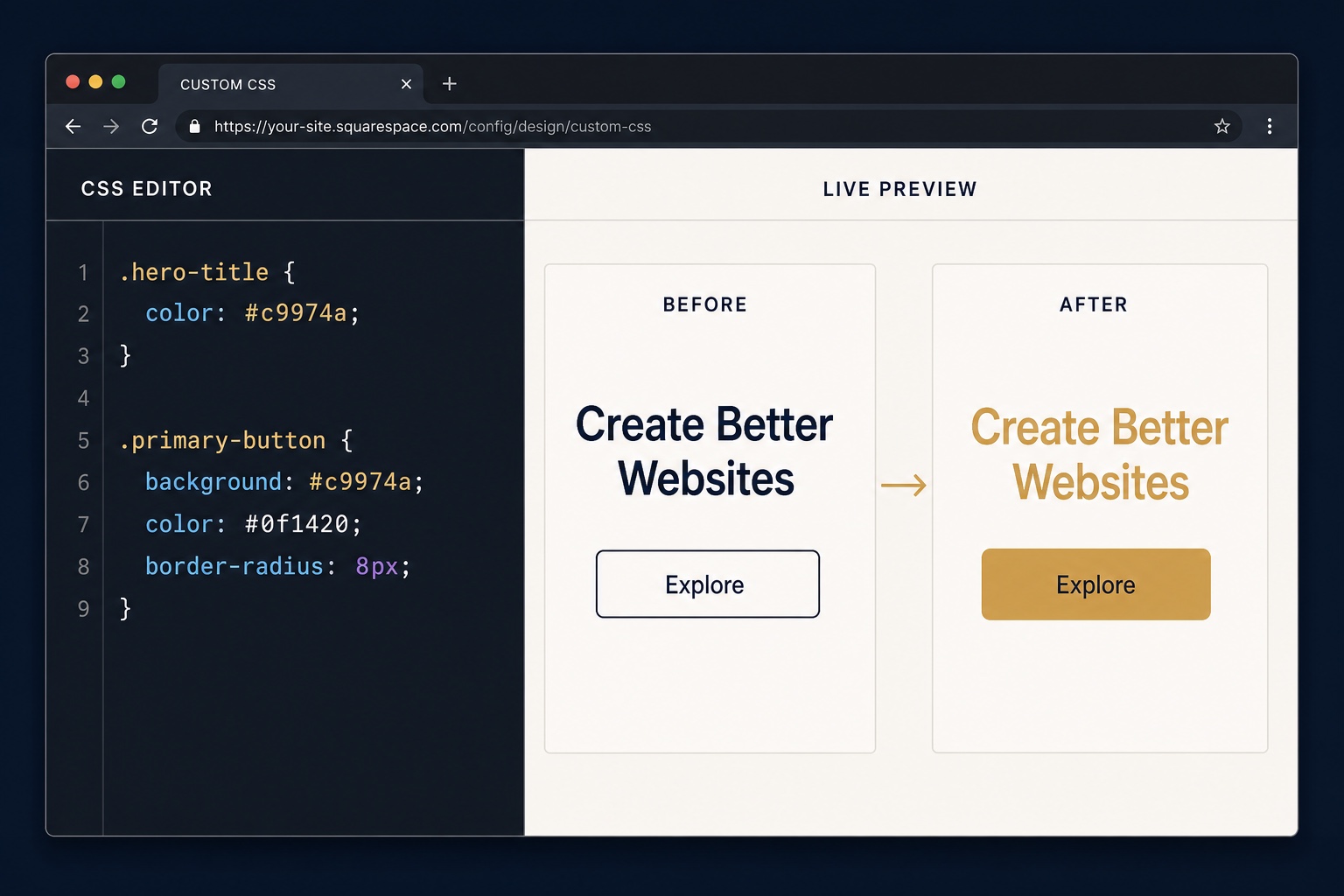 CSS editor beside a live before-and-after preview of gold headline and button styles
