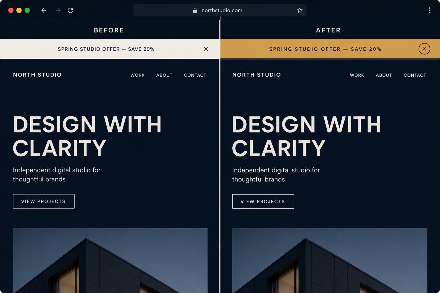 Before-and-after website views comparing a plain and styled gold announcement bar