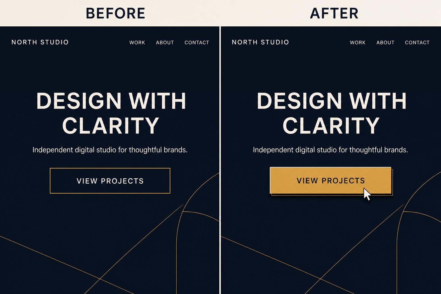Before-and-after website views showing a button lifting and filling gold on hover