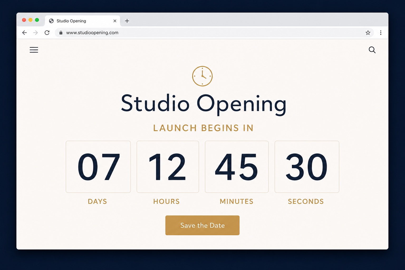 Studio opening webpage with readable days, hours, minutes, and seconds countdown