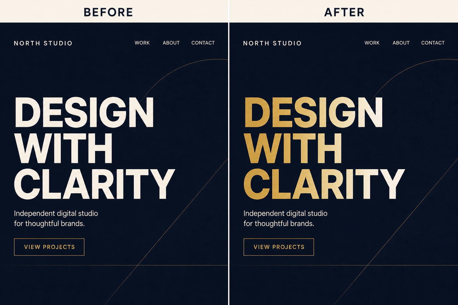 Before-and-after website headings comparing solid ivory text with a gold-to-ivory gradient