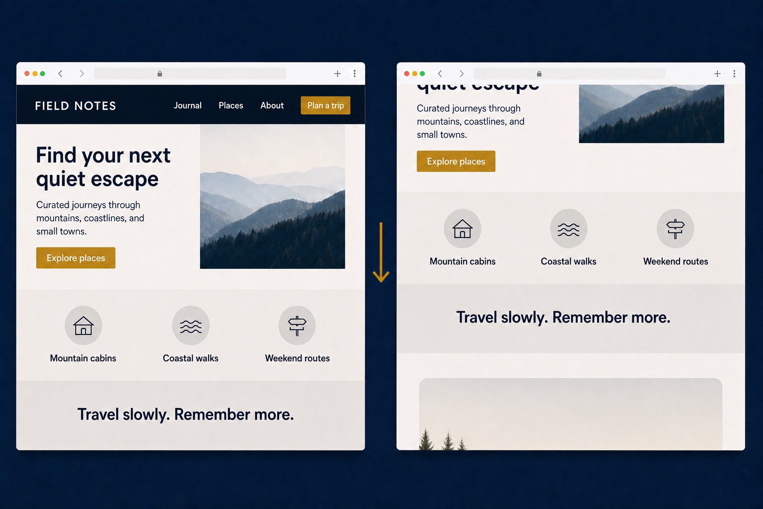 Two browser views showing a travel page before and after scrolling hides the header