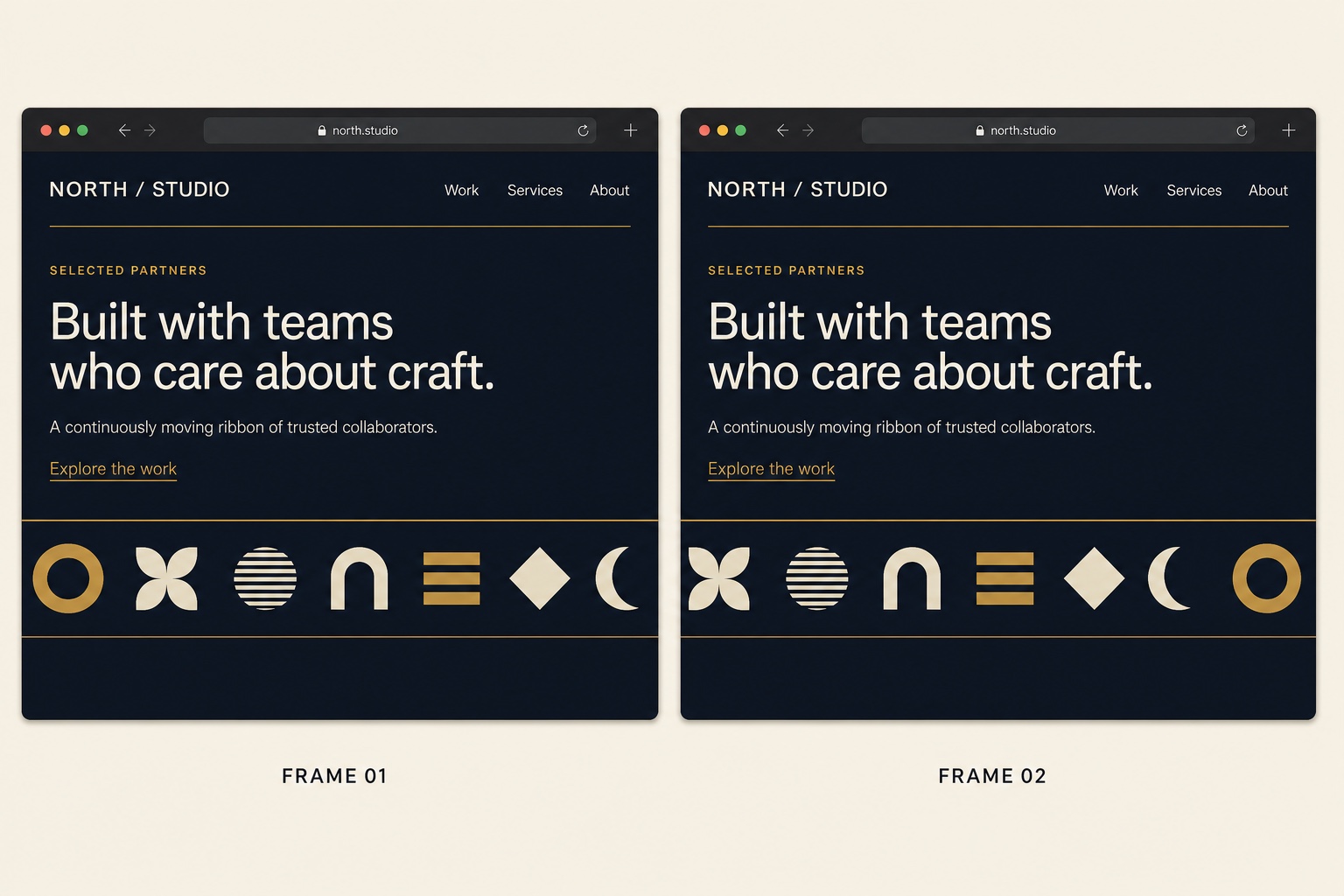Two animation frames showing geometric partner marks moving horizontally across a website