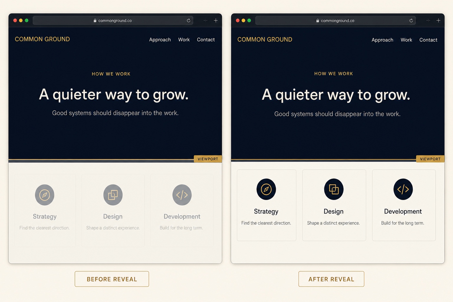 Before-and-after browser views showing service cards fading into view on scroll