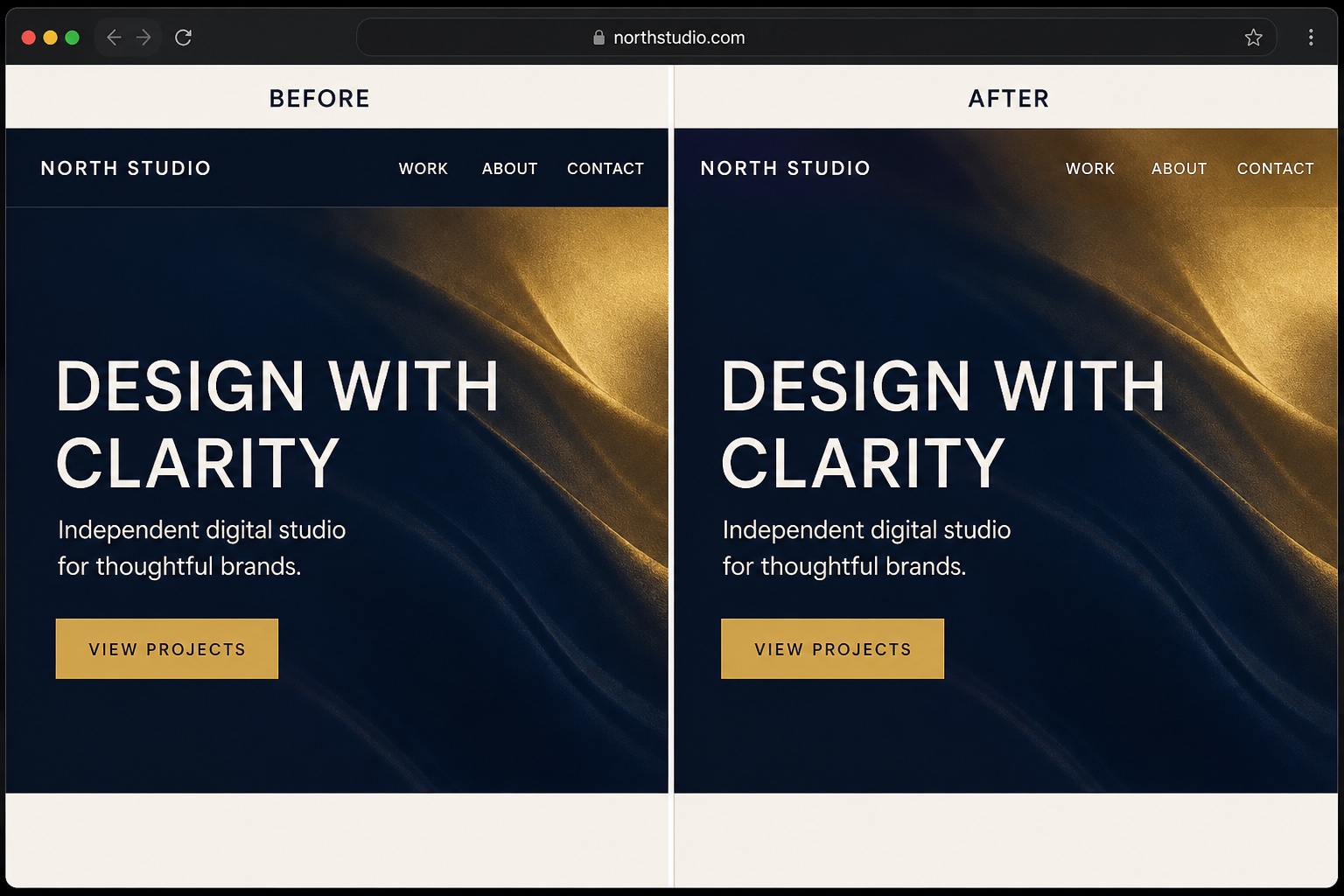 Before-and-after browser views comparing opaque and transparent headers over the same hero