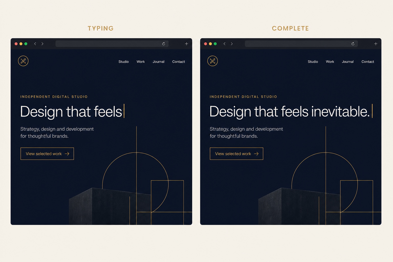 Two browser views showing a studio headline midway through typing and fully completed